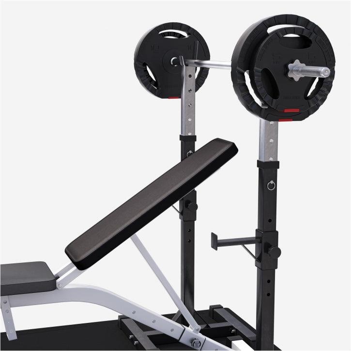 Banco con Soporte para Barra + Set de Pesas de Plástico con Triple Agarre + Protector Suelo - Gorilla Sports ES