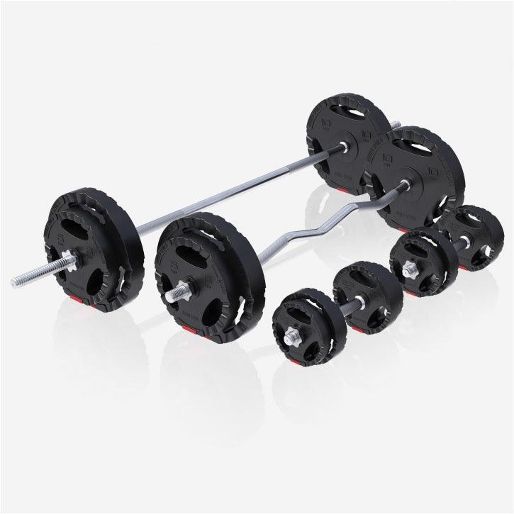 Banco con Soporte para Barra + Set de Pesas de Plástico con Triple Agarre + Protector Suelo - Gorilla Sports ES