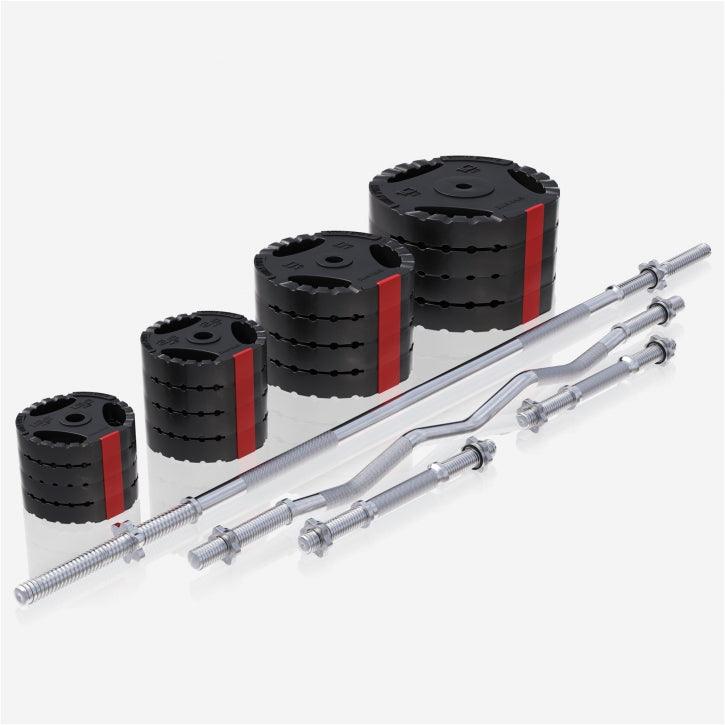 Banco con Soporte para Barra + Set de Pesas de Plástico con Triple Agarre + Protector Suelo - Gorilla Sports ES