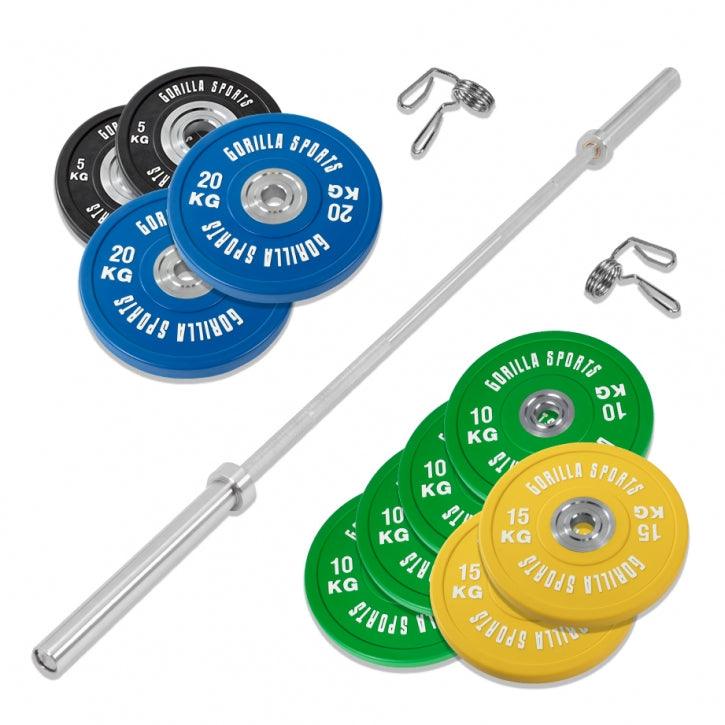 Soporte para Sentadillas + Set de Discos de Pesas Bumper Olímpicos - 140 kg - Gorilla Sports ES