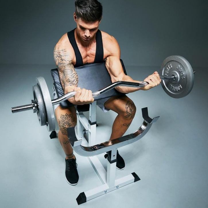 Set Banco con Curl Predicador y Barra de Curl con Discos de Hierro Fundido - Gorilla Sports ES