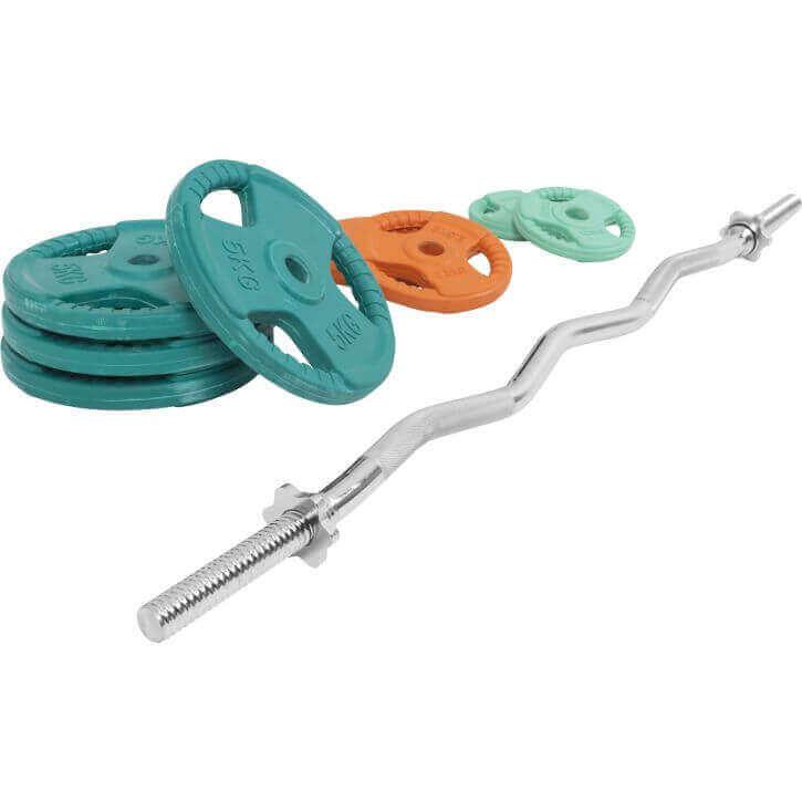 Set de Curl Z y Discos de Pesas de Goma con Triple Agarre - 35 kg - Gorilla Sports ES