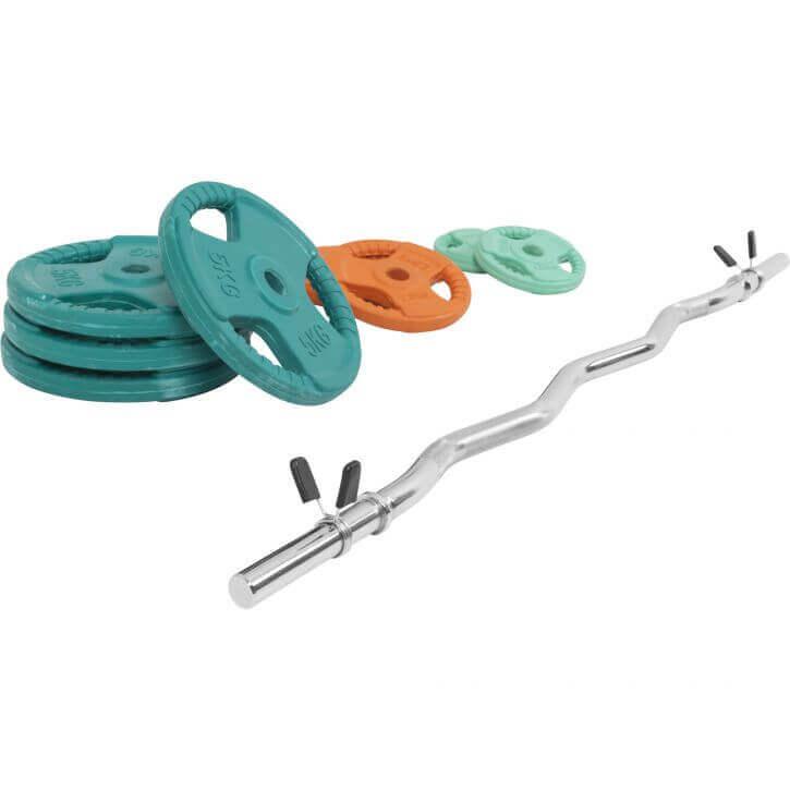 Set de Curl Z y Discos de Pesas de Goma con Triple Agarre - 35 kg - Gorilla Sports ES