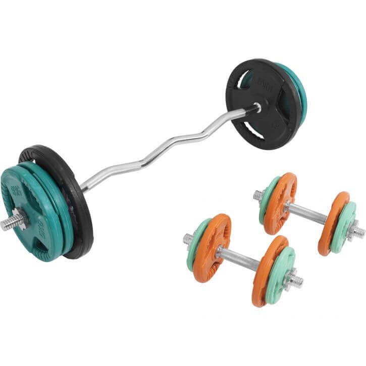 Set de Curl Z y Discos de Pesas de Goma con Triple Agarre - 70 kg - Gorilla Sports ES
