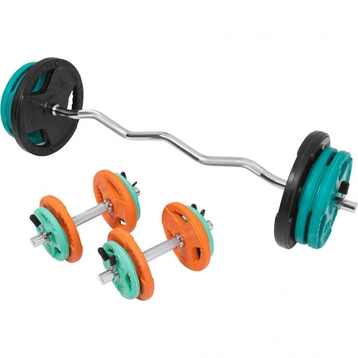 Set de Curl Z y Discos de Pesas de Goma con Triple Agarre - 70 kg - Gorilla Sports ES