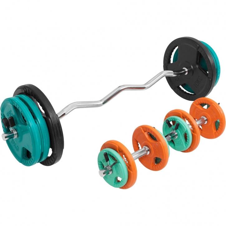 Set de Curl Z y Discos de Pesas de Goma con Triple Agarre - 70 kg - Gorilla Sports ES