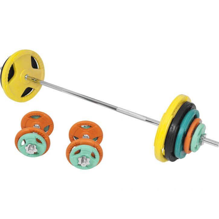 Set de Barra y Discos de Pesas de Goma con Triple Agarre - 100 kg - Gorilla Sports ES