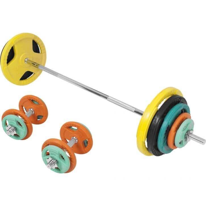 Set de Barra y Discos de Pesas de Goma con Triple Agarre - 100 kg - Gorilla Sports ES