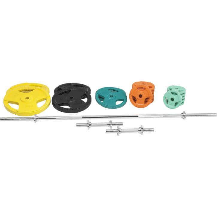 Set de Barra y Discos de Pesas de Goma con Triple Agarre - 100 kg - Gorilla Sports ES