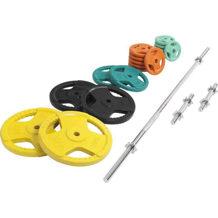 Set de Barra y Discos de Pesas de Goma con Triple Agarre - 100 kg - Gorilla Sports ES