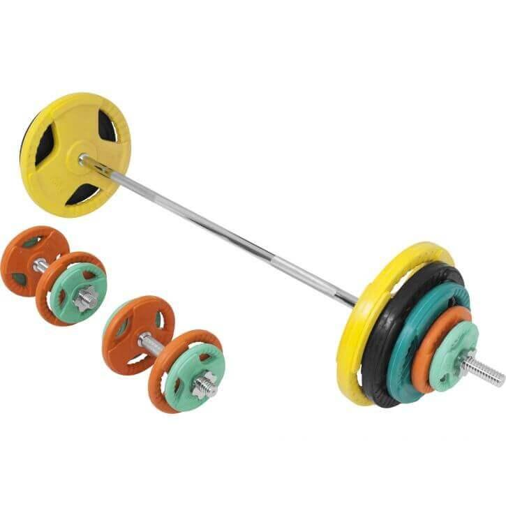 Set de Barra y Discos de Pesas de Goma con Triple Agarre - 100 kg - Gorilla Sports ES