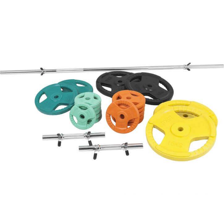 Set de Barra y Discos de Pesas de Goma con Triple Agarre - 100 kg - Gorilla Sports ES