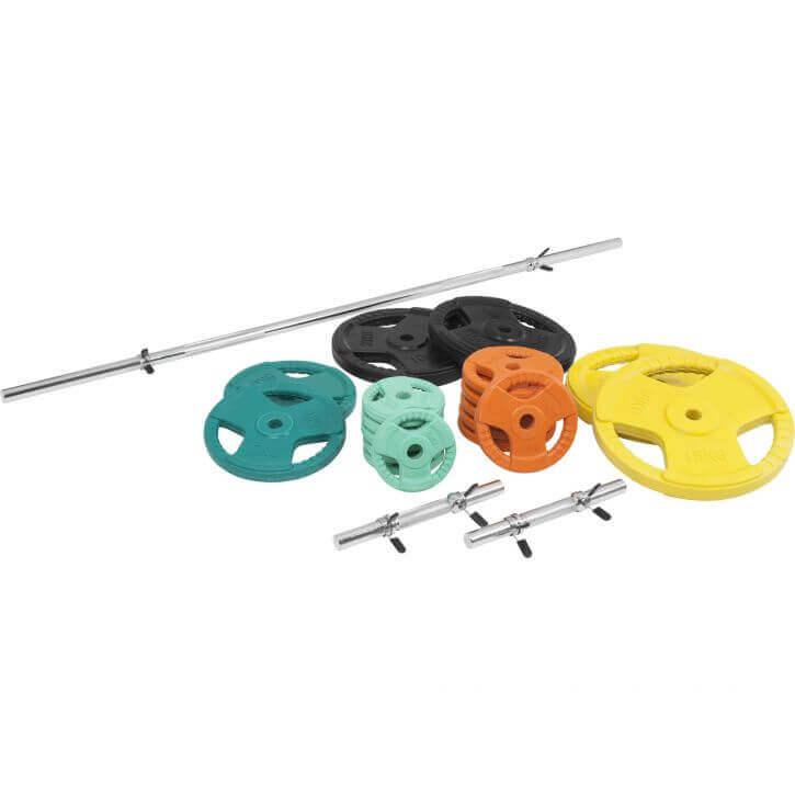 Set de Barra y Discos de Pesas de Goma con Triple Agarre - 100 kg - Gorilla Sports ES