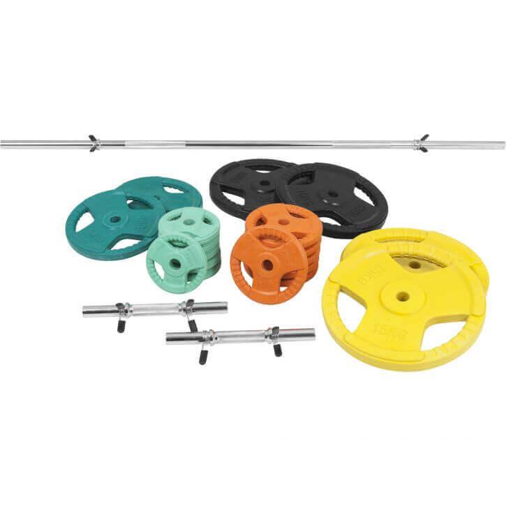 Set de Barra y Discos de Pesas de Goma con Triple Agarre - 100 kg - Gorilla Sports ES
