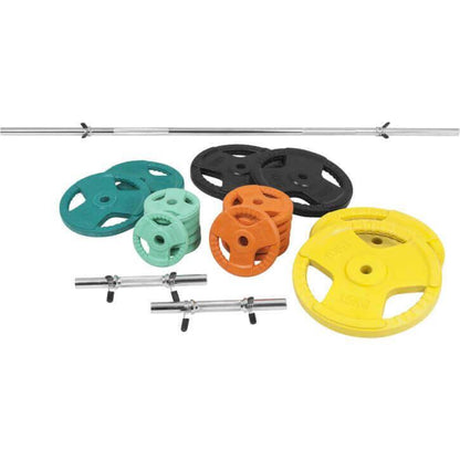 Set de Barra y Discos de Pesas de Goma con Triple Agarre - 100 kg - Gorilla Sports ES