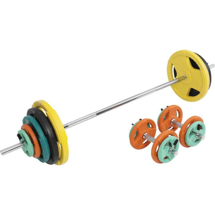 Set de Barra y Discos de Pesas de Goma con Triple Agarre - 100 kg - Gorilla Sports ES