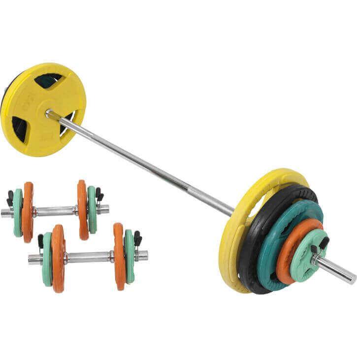 Set de Barra y Discos de Pesas de Goma con Triple Agarre - 100 kg - Gorilla Sports ES