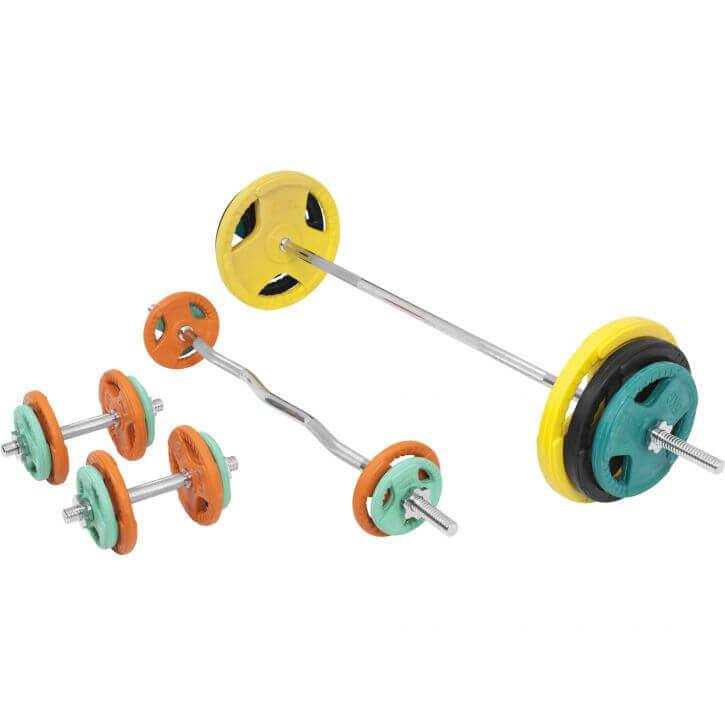 Set de Barra y Discos de Pesas de Goma con Triple Agarre - 108 kg - Gorilla Sports ES