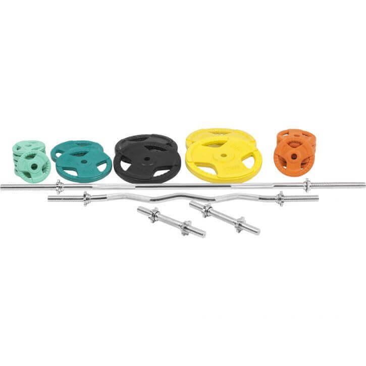 Set de Barra y Discos de Pesas de Goma con Triple Agarre - 108 kg - Gorilla Sports ES