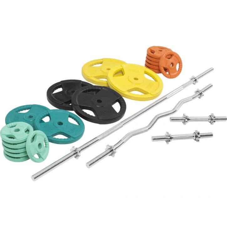 Set de Barra y Discos de Pesas de Goma con Triple Agarre - 108 kg - Gorilla Sports ES