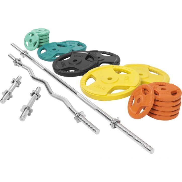 Set de Barra y Discos de Pesas de Goma con Triple Agarre - 108 kg - Gorilla Sports ES