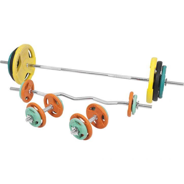 Set de Barra y Discos de Pesas de Goma con Triple Agarre - 108 kg - Gorilla Sports ES