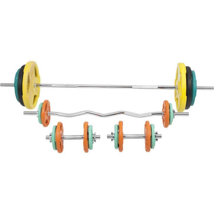 Set de Barra y Discos de Pesas de Goma con Triple Agarre - 108 kg - Gorilla Sports ES