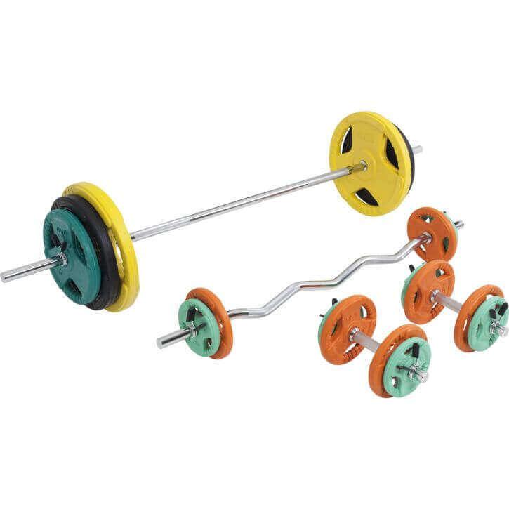 Set de Barra y Discos de Pesas de Goma con Triple Agarre - 108 kg - Gorilla Sports ES
