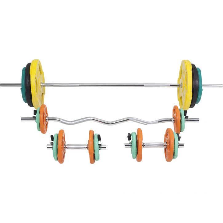 Set de Barra y Discos de Pesas de Goma con Triple Agarre - 108 kg - Gorilla Sports ES
