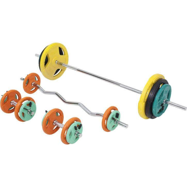 Set de Barra y Discos de Pesas de Goma con Triple Agarre - 108 kg - Gorilla Sports ES
