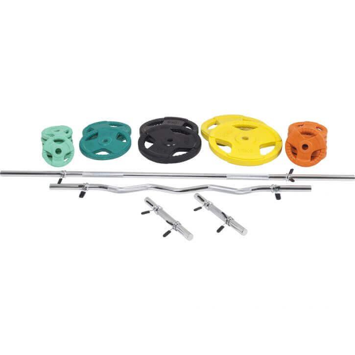 Set de Barra y Discos de Pesas de Goma con Triple Agarre - 108 kg - Gorilla Sports ES