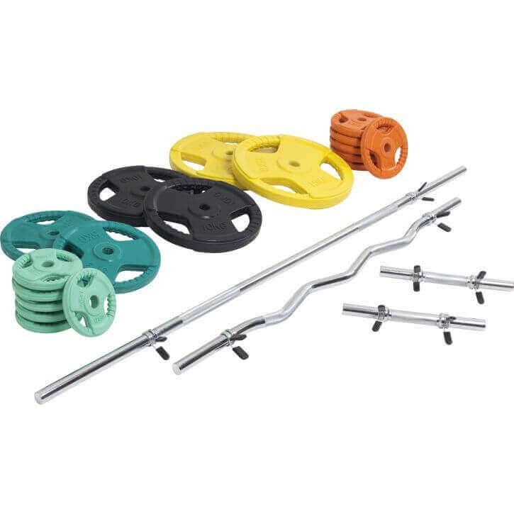 Set de Barra y Discos de Pesas de Goma con Triple Agarre - 108 kg - Gorilla Sports ES