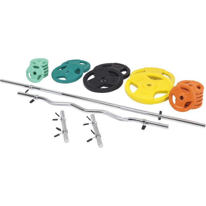 Set de Barra y Discos de Pesas de Goma con Triple Agarre - 108 kg - Gorilla Sports ES