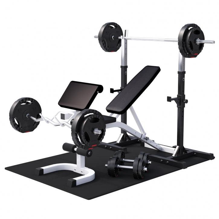 Banco con Soporte para Barra + Set de Pesas de Plástico con Triple Agarre + Protector Suelo - Gorilla Sports ES