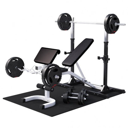 Banco con Soporte para Barra + Set de Pesas de Plástico con Triple Agarre + Protector Suelo - Gorilla Sports ES