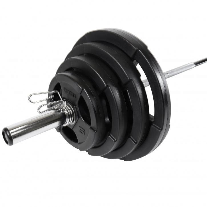 Set de Barra y Discos de Pesas Olímpicos de Plástico con Triple Agarre - 130 kg - Gorilla Sports ES