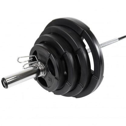 Set de Barra y Discos de Pesas Olímpicos de Plástico con Triple Agarre - 130 kg - Gorilla Sports ES