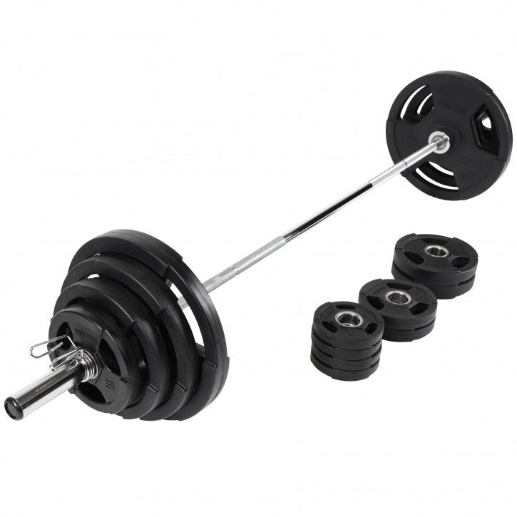 Set de Barra y Discos de Pesas Olímpicos de Plástico con Triple Agarre - 130 kg - Gorilla Sports ES