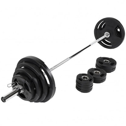 Set de Barra y Discos de Pesas Olímpicos de Plástico con Triple Agarre - 130 kg - Gorilla Sports ES