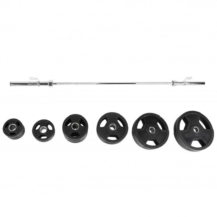 Set de Barra y Discos de Pesas Olímpicos de Plástico con Triple Agarre - 130 kg - Gorilla Sports ES