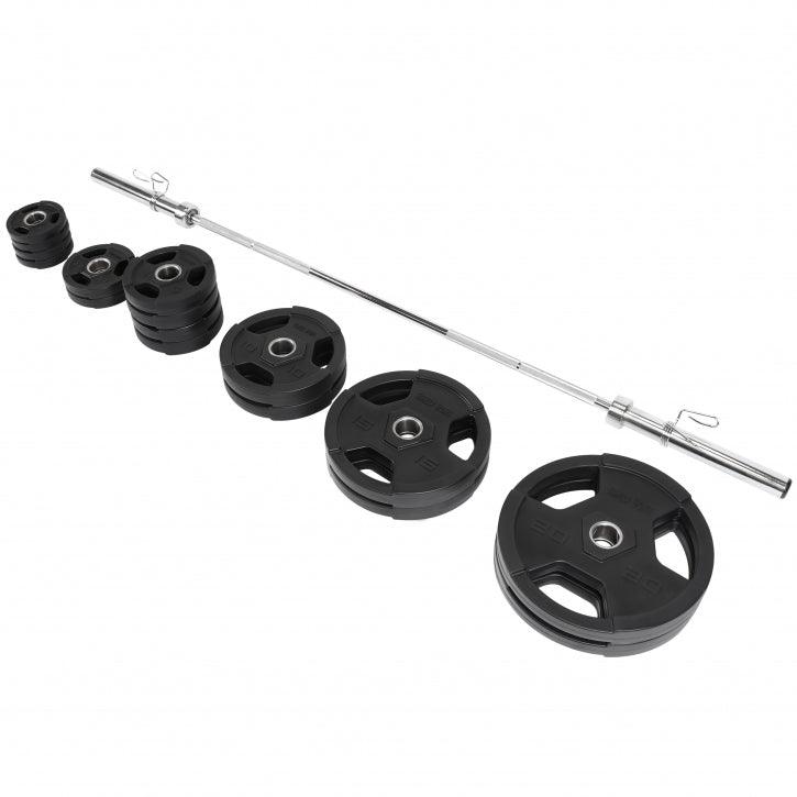 Set de Barra y Discos de Pesas Olímpicos de Plástico con Triple Agarre - 130 kg - Gorilla Sports ES