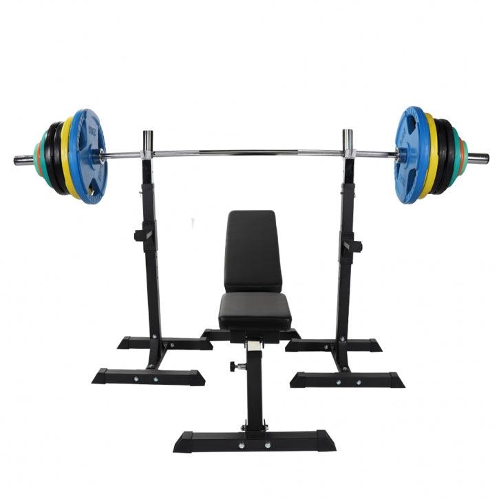 Banco con Soporte para Barra + Set de Pesas Olímpicas de Goma con Triple Agarre - 150 kg - Gorilla Sports ES
