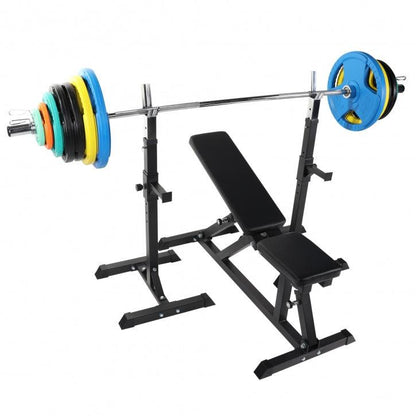 Banco con Soporte para Barra + Set de Pesas Olímpicas de Goma con Triple Agarre - 150 kg - Gorilla Sports ES