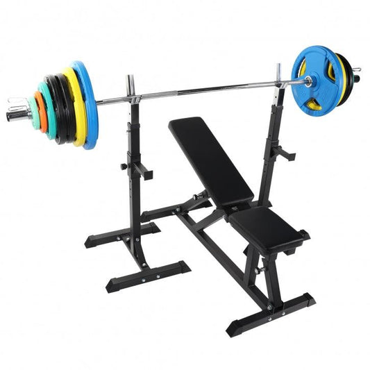 Banco con Soporte para Barra + Set de Pesas Olímpicas de Goma con Triple Agarre - 150 kg - Gorilla Sports ES