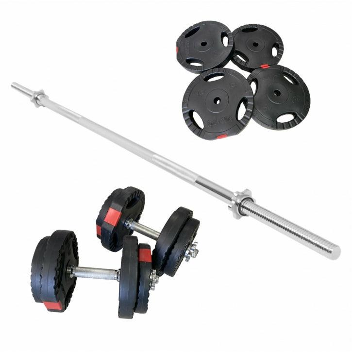 Set de Barra Larga y Discos de Pesas de Plástico con Triple Agarre 60 - 130 kg - Gorilla Sports ES