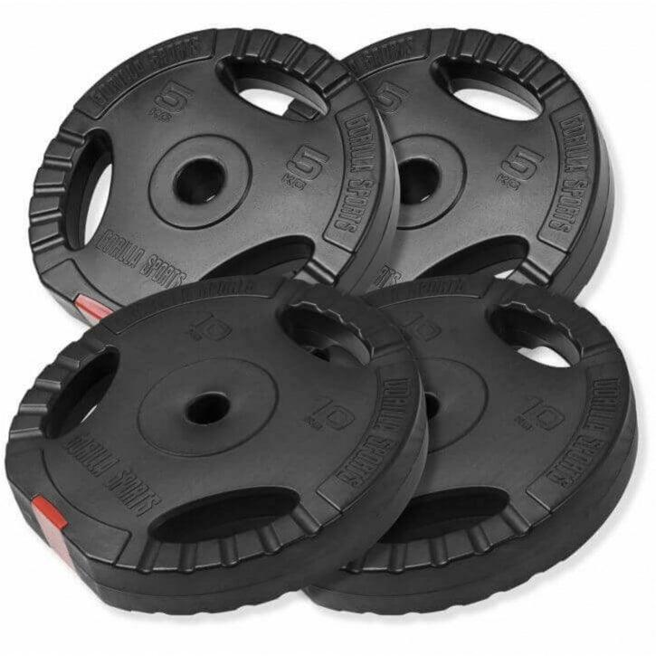 Set de Barra Larga y Discos de Pesas de Plástico con Triple Agarre 60 - 130 kg - Gorilla Sports ES