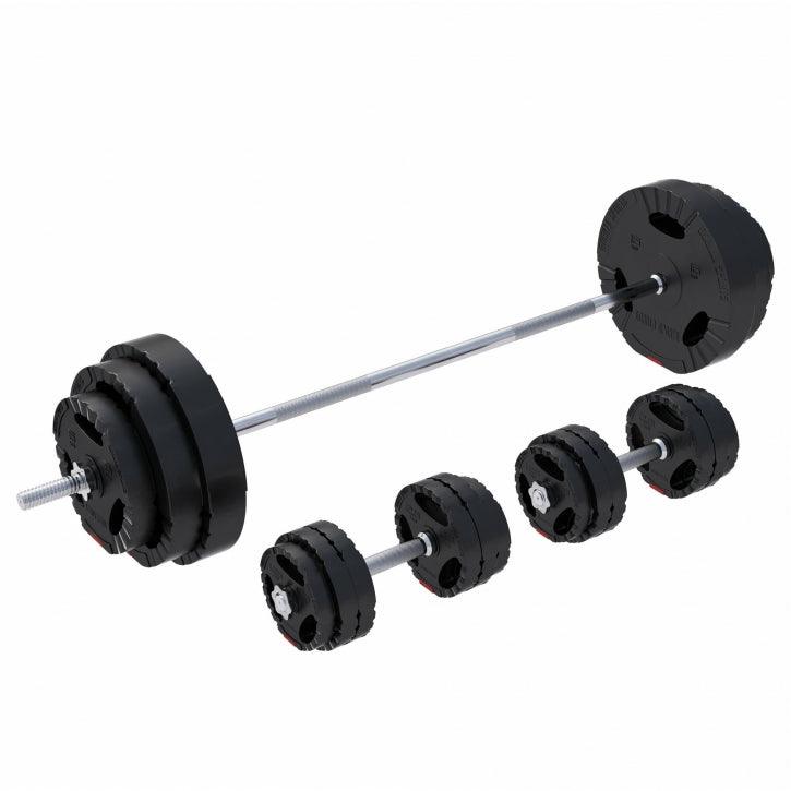 Set de Barra Larga y Discos de Pesas de Plástico con Triple Agarre 60 - 130 kg - Gorilla Sports ES