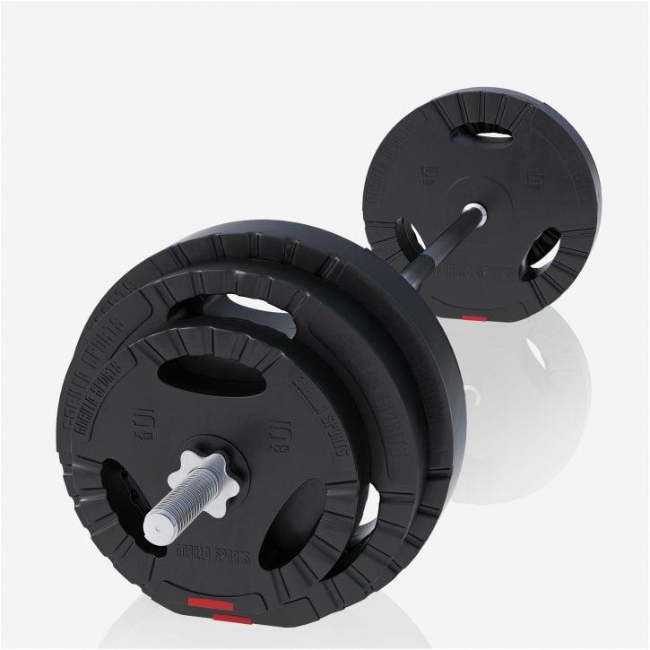 Set de Barra Larga y Discos de Pesas de Plástico con Triple Agarre 60 - 130 kg - Gorilla Sports ES
