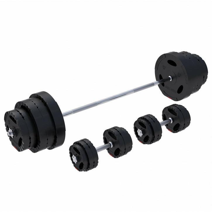 Set de Barra Larga y Discos de Pesas de Plástico con Triple Agarre 60 - 130 kg - Gorilla Sports ES