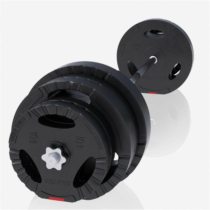 Set de Barra Larga y Discos de Pesas de Plástico con Triple Agarre 60 - 130 kg - Gorilla Sports ES